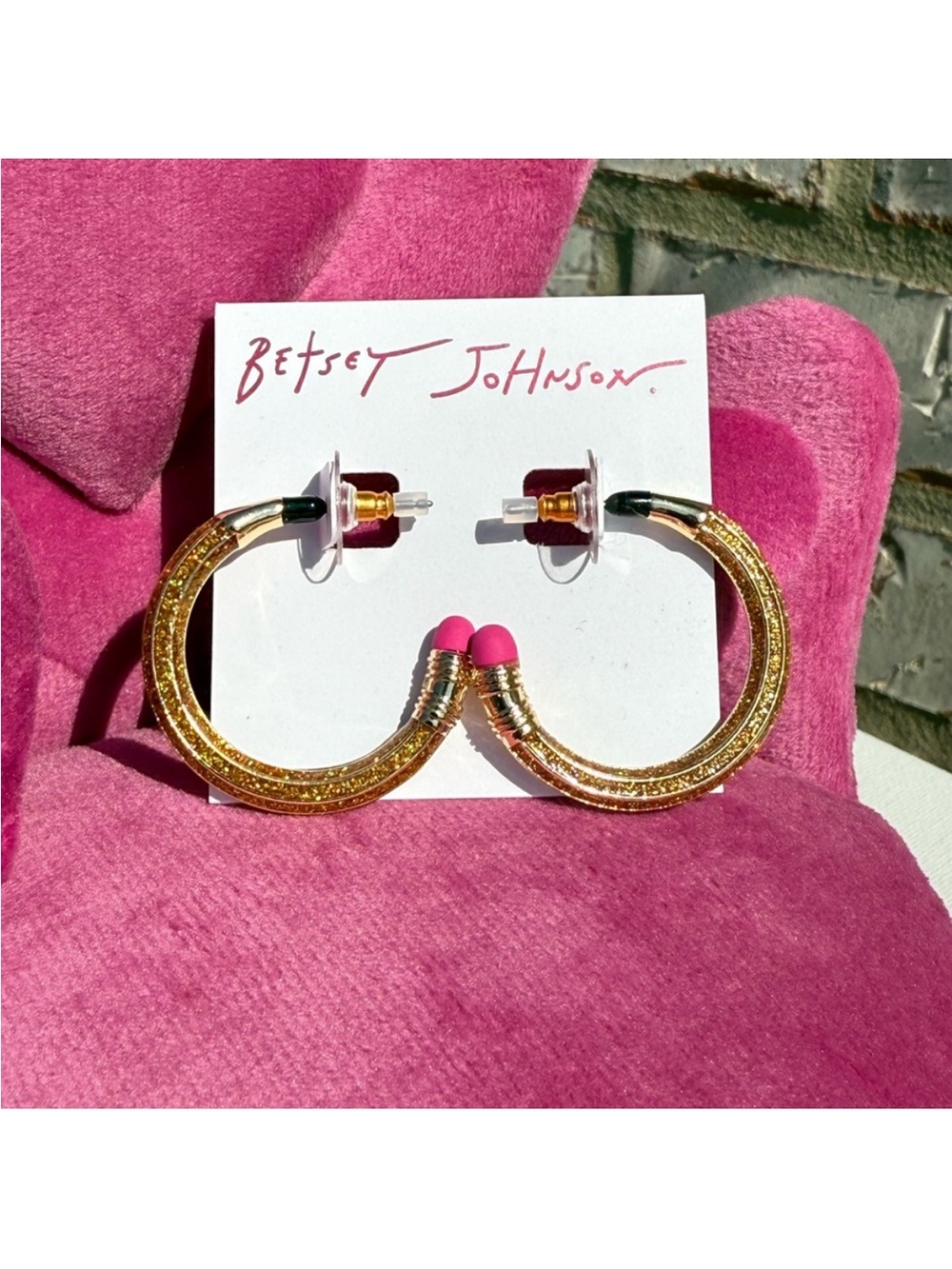 Betsey Johnson Gold Glitter Hoop Earrings with Pink Accent - Picture 2 of 4